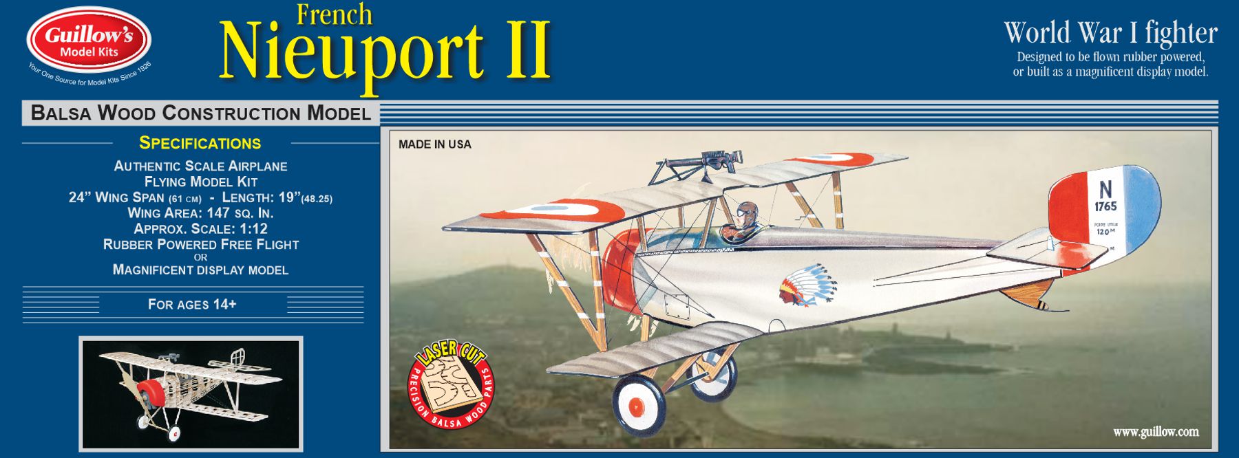 Guillows 203 1/12 Nieuport Ii 24" Balsa Display Model Kit