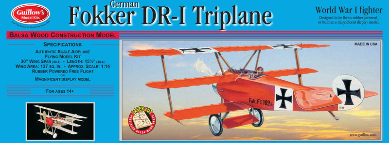 Guillows 204 1/16 Fokker Triplane 20" Balsa Display Model Kit
