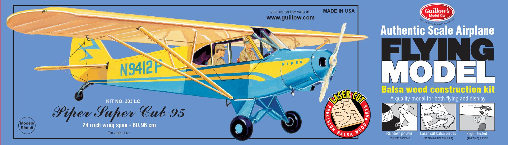 Guillows 303 1/18 Piper Super Cub 24" Balsa Flying Model Kit