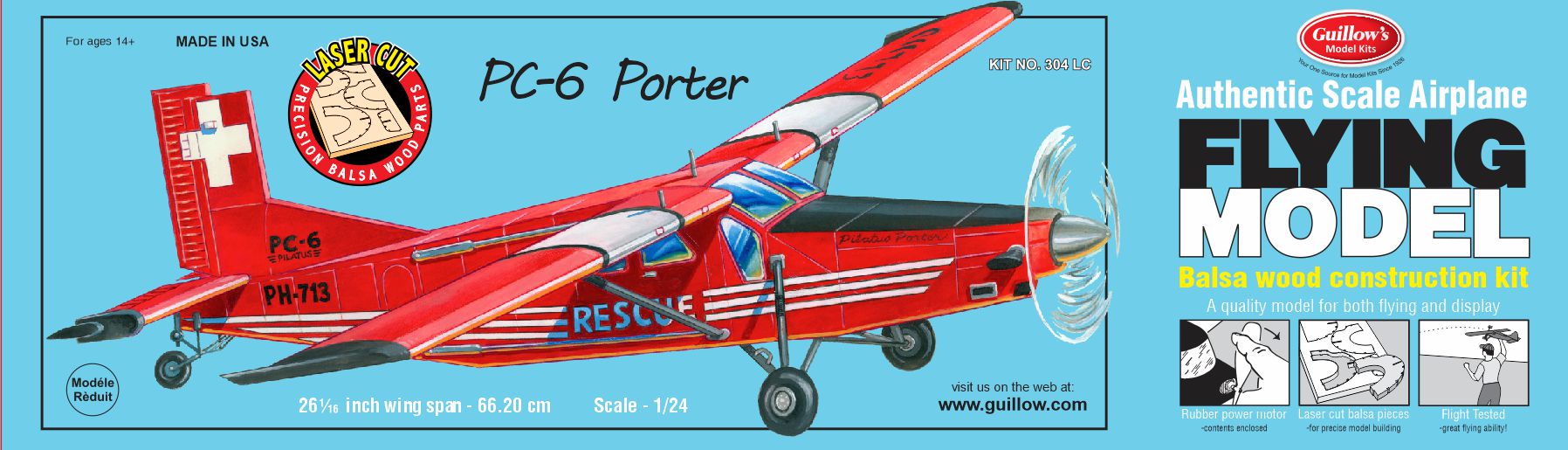 Guillows 304 1/24 Porter Pc-6 26" Balsa Flying Model Kit