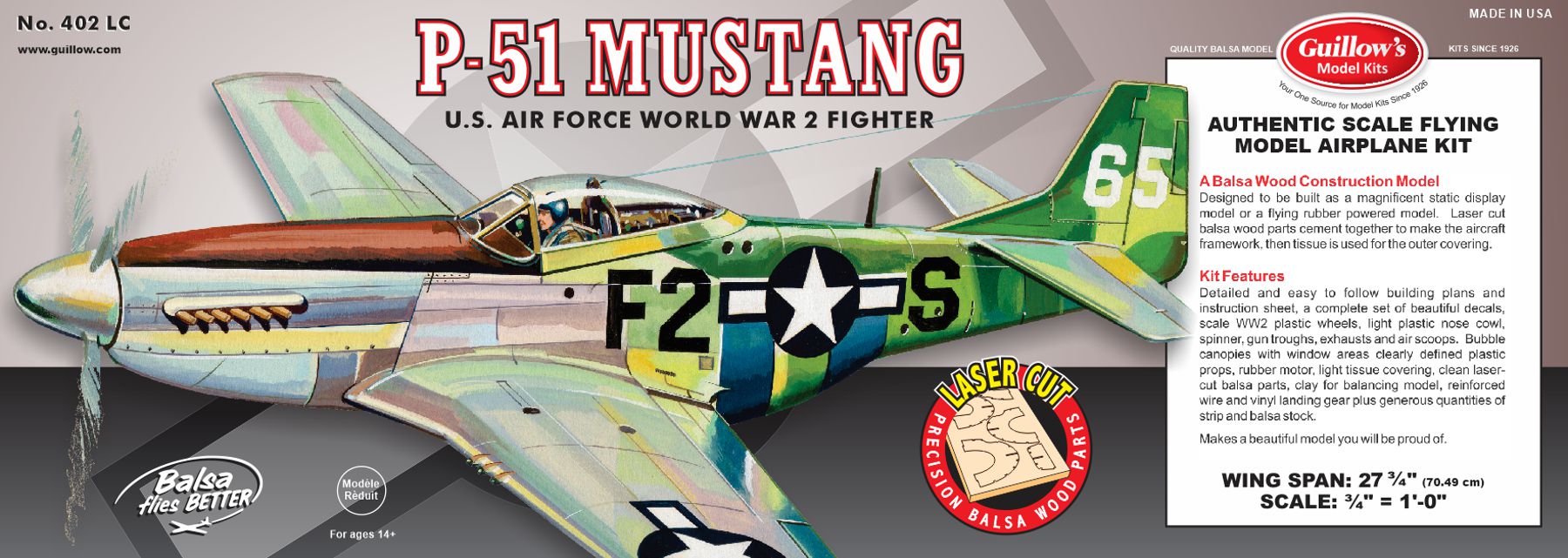 Guillows 402 1/16 P-51 Mustang 27" Balsa Display Model Kit