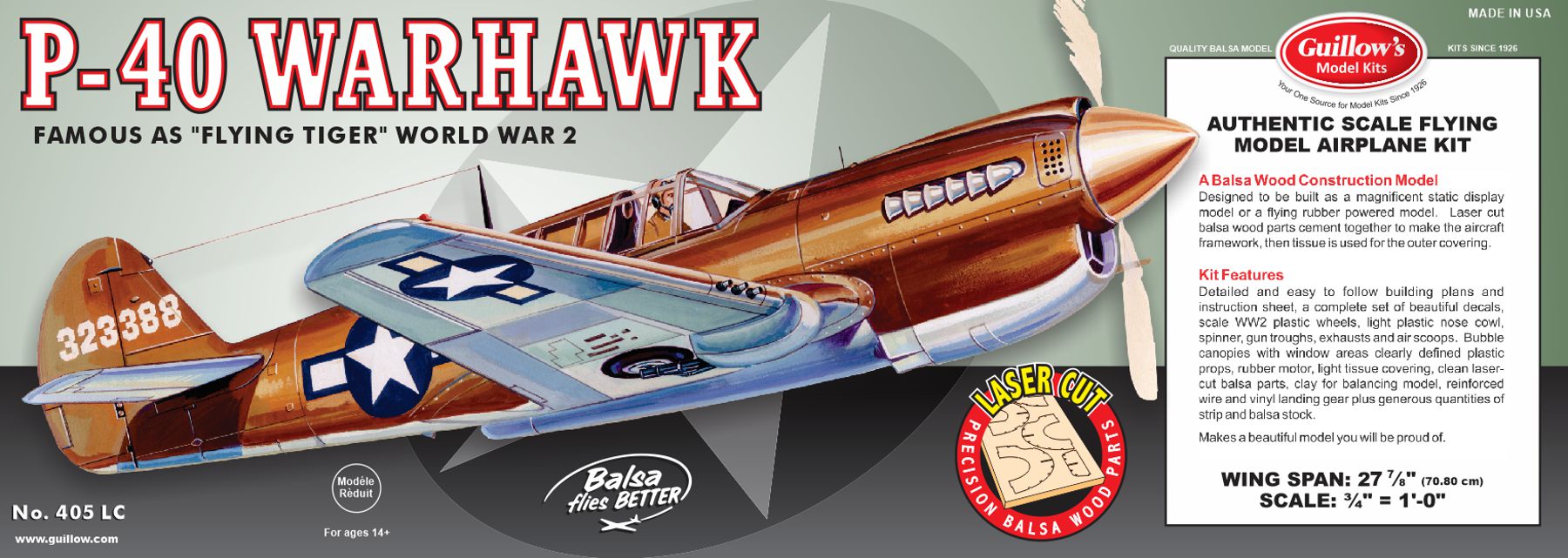 Guillows 405 1/16 P-40 Warhawk 28" Balsa Display Model Kit