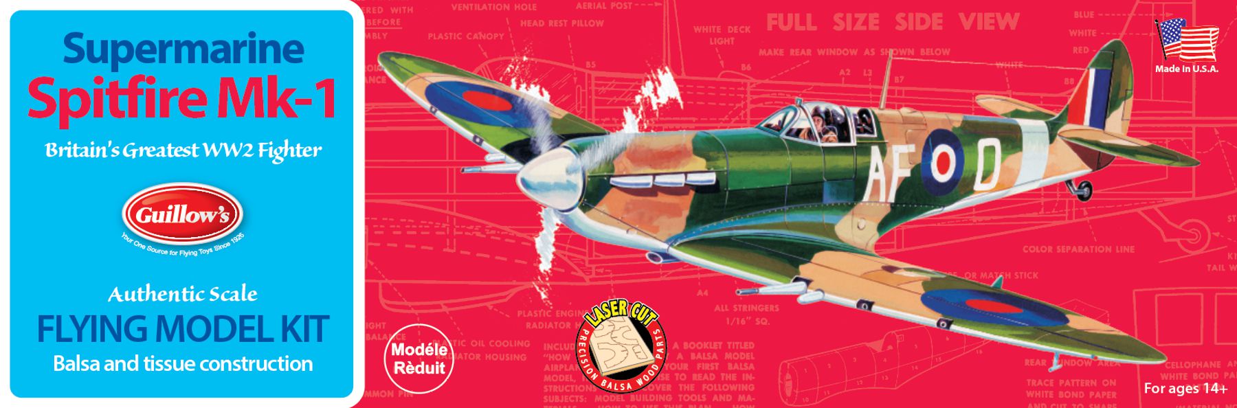 Guillows 504 1/30 Spitfire 16" Balsa Flying Model Kit
