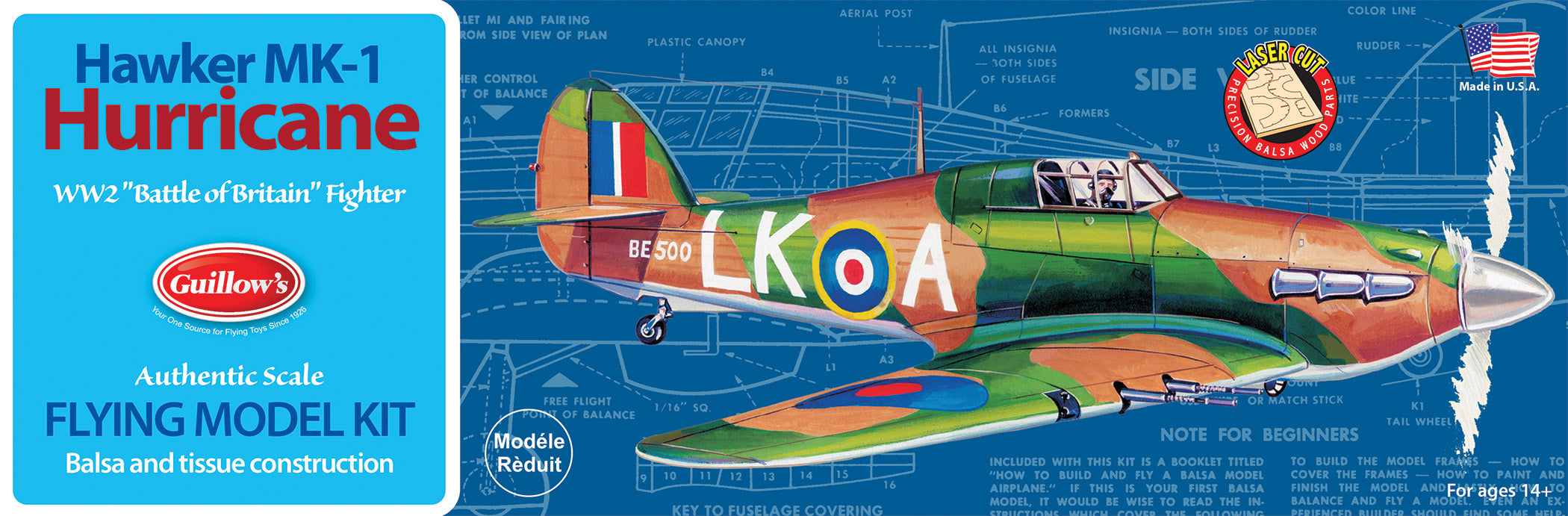 Guillows 506 1/30 Hawker Hurricane 16" Balsa Flying Model Kit