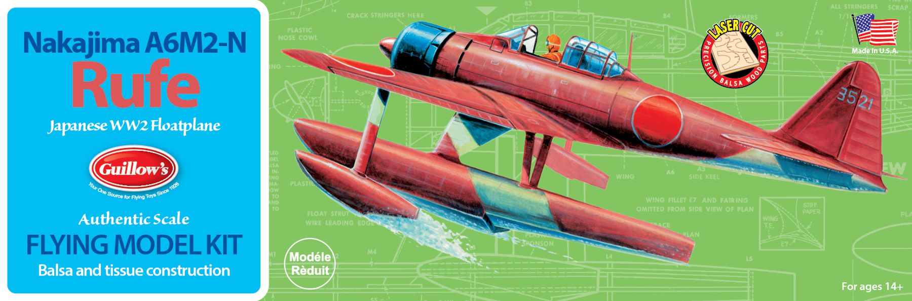 Guillows 507 1/30 A6M2 Rufe 16" Balsa Flying Model Kit