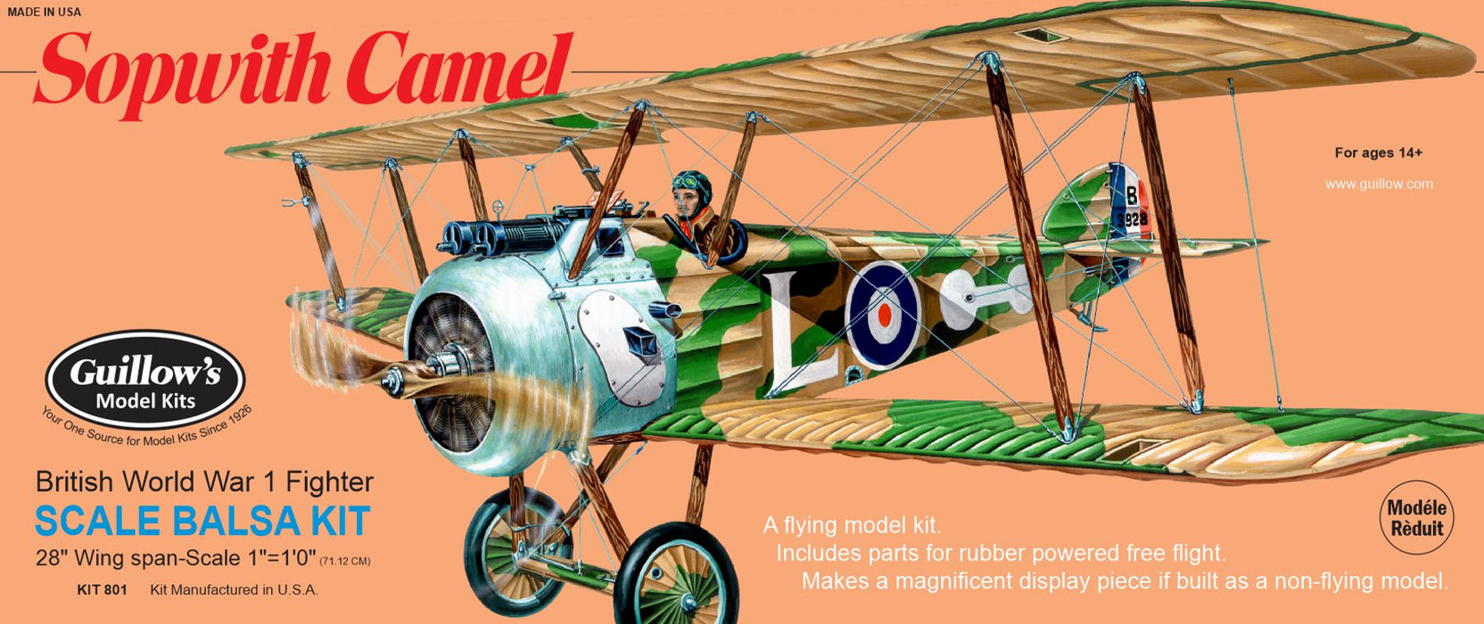 Guillows 801 1/12 Sopwith Camel 28" Balsa Flying Model Kit