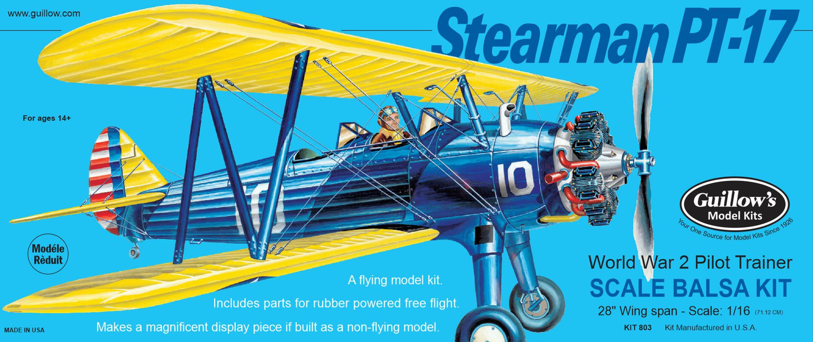 Guillows 803 1/16 Sterman Pt-17 28" Balsa Flying Model Kit