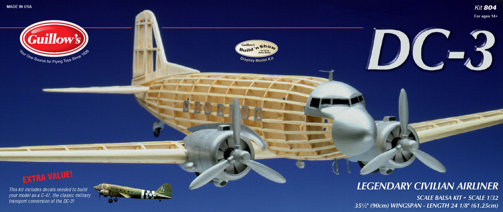 Guillows 804 1/32 Douglas Dc-3 35" Balsa Display Model Kit