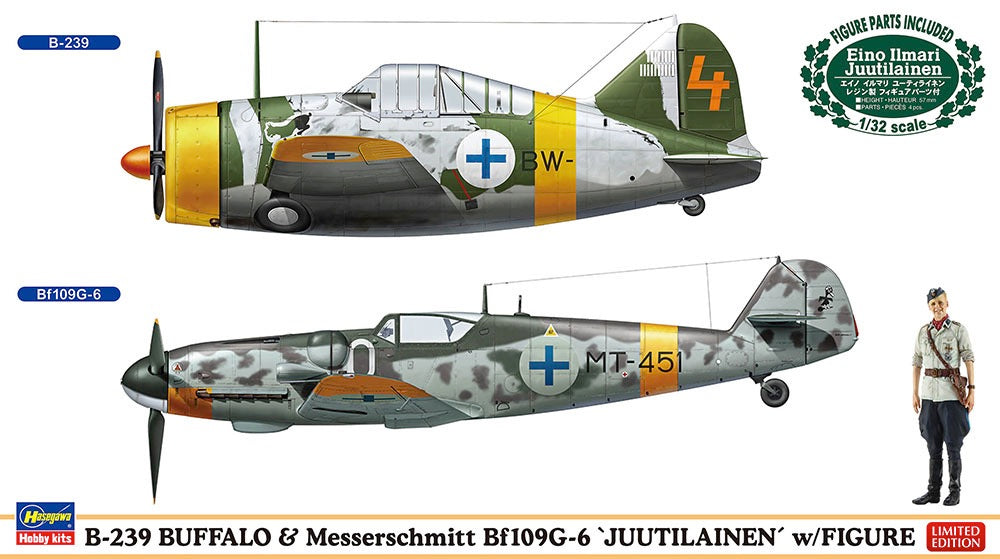 Hasegawa 2439 1/72 B-239 Buffalo & Messerschmitt Bf109G-6 `Juutilainen´ w/ Figure (2-Pack) Model Kit