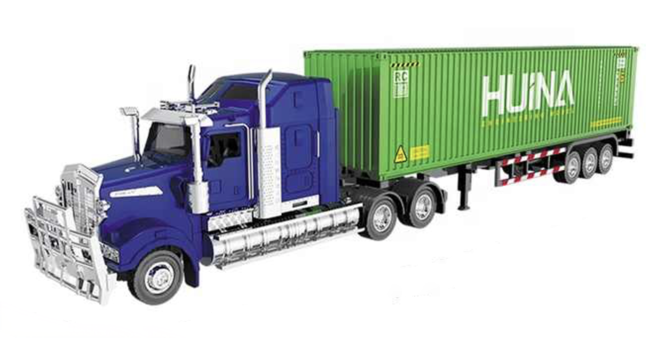 HuiNa 1/50 Diecast Blue American Truck with Green Container Trailer
