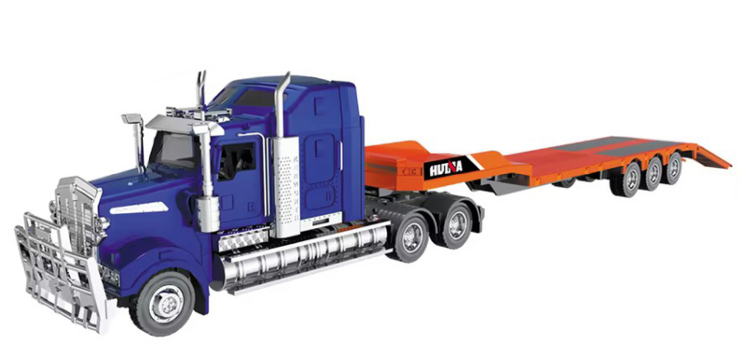 HuiNa 1/50 Diecast Blue American Truck with Orange Flatbed Trailer