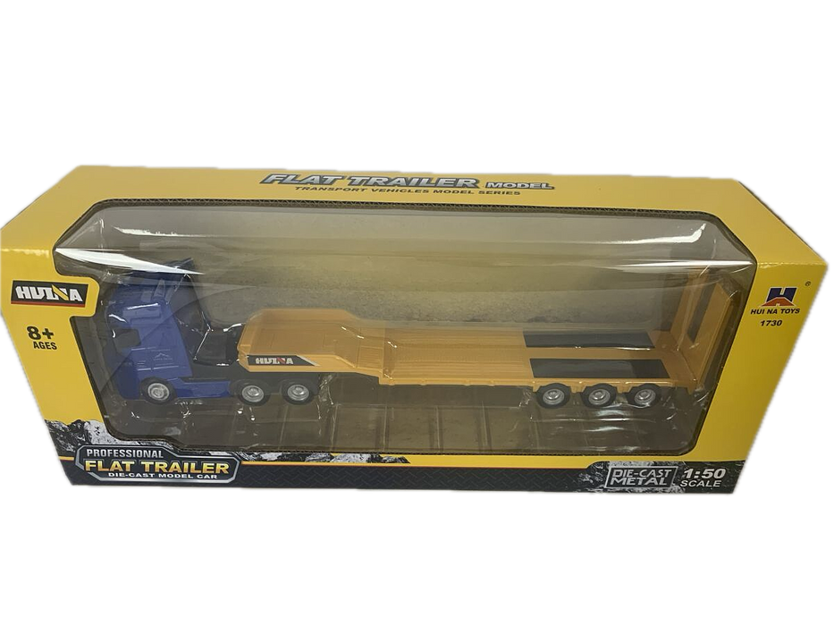 HuiNa 1/50 Diecast Blue Euro Truck with Yellow Flatbed Trailer