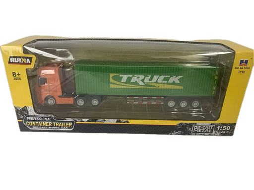 HuiNa 1/50 Diecast Orange Euro Truck with Green Container Trailer