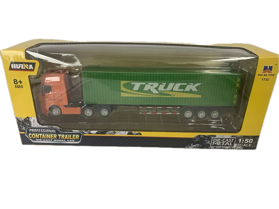 HuiNa 1/50 Diecast Orange Euro Truck with Green Container Trailer