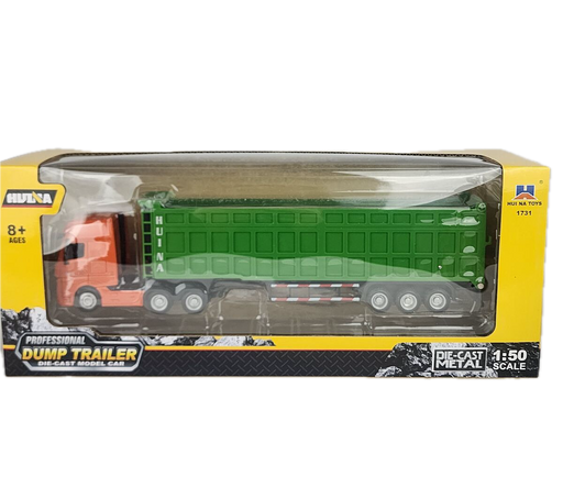 HuiNa 1/50 Diecast Orange Euro Truck with Green Dump Trailer