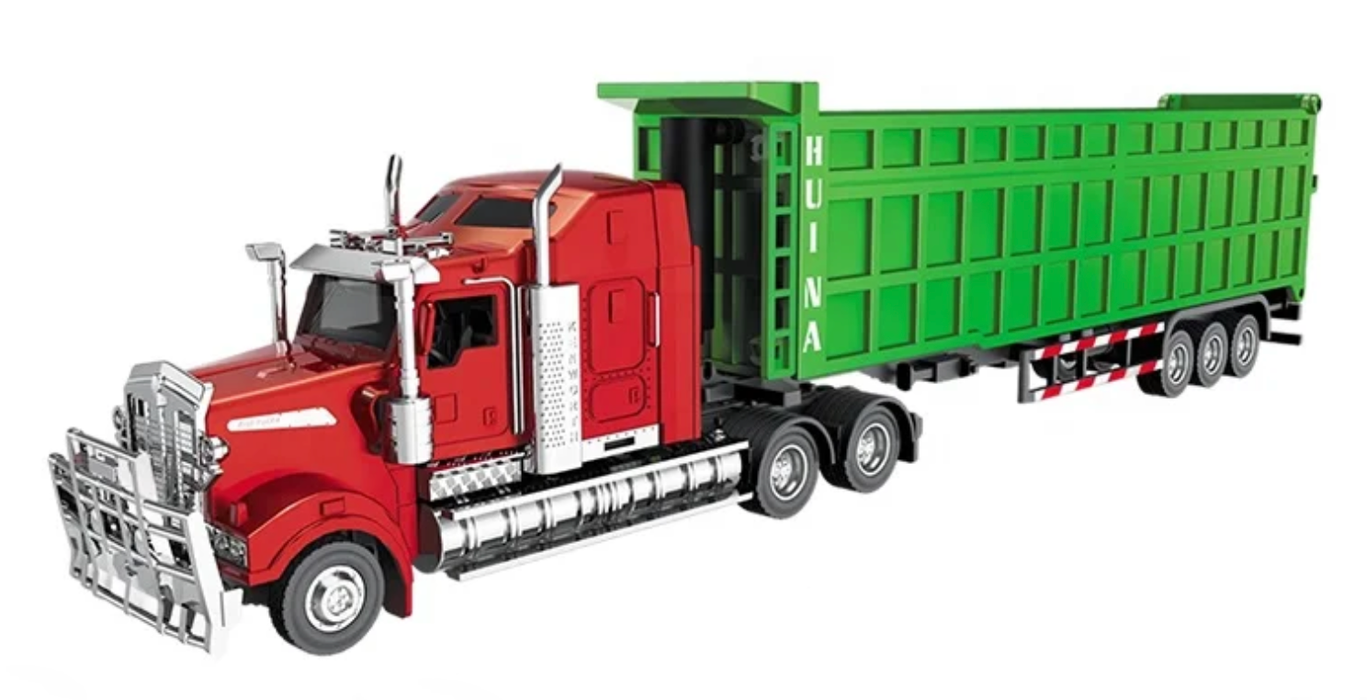 HuiNa 1/50 Diecast Red American Truck with Green Dump Trailer