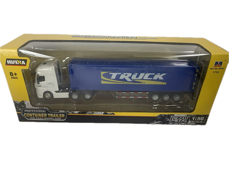 HuiNa 1/50 Diecast White Euro Truck with Blue Container Trailer