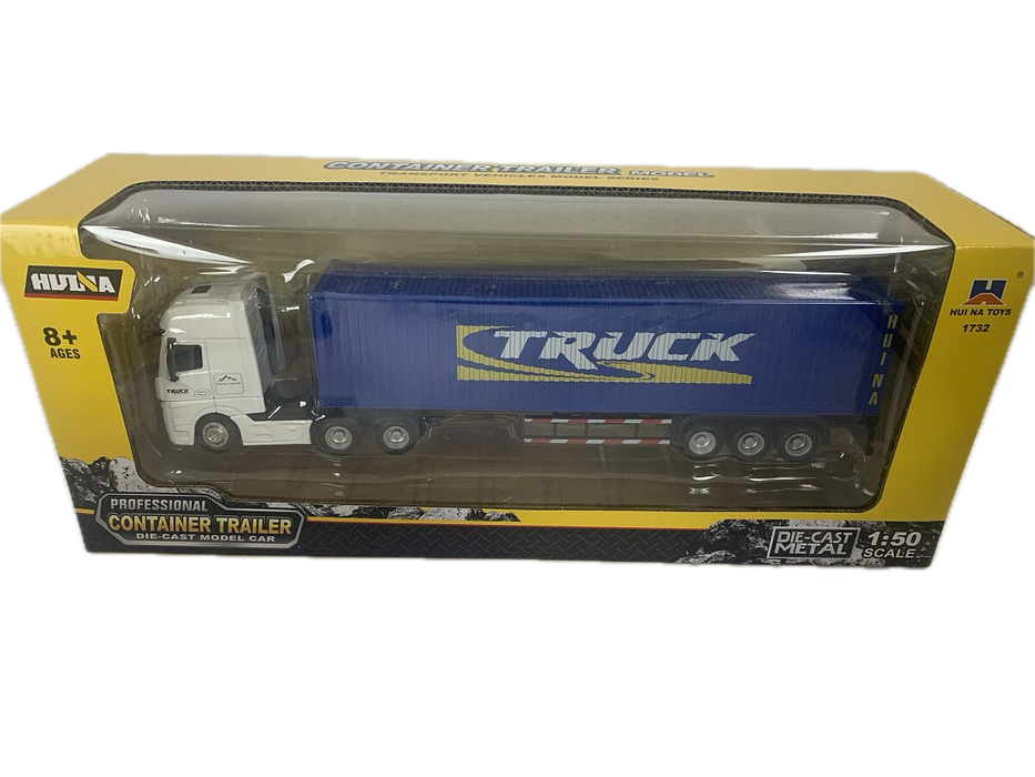 HuiNa 1/50 Diecast White Euro Truck with Blue Container Trailer