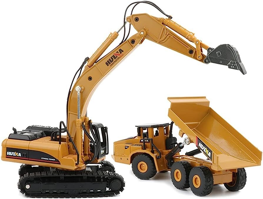 HuiNa 1611 1/50 Diecast Articulated Dump Truck with Excavator Construction Toy