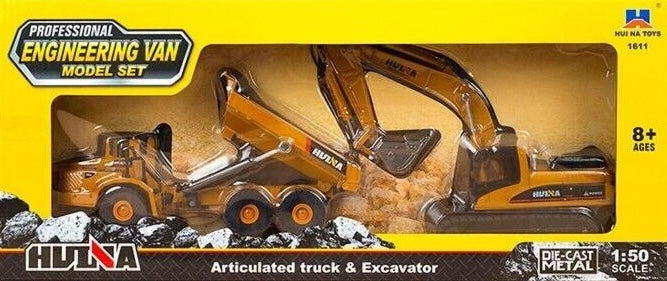 HuiNa 1611 1/50 Diecast Articulated Dump Truck with Excavator Construction Toy