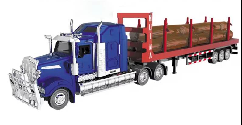 HuiNa 1/50 Diecast Blue American Timber Truck with Red Trailer