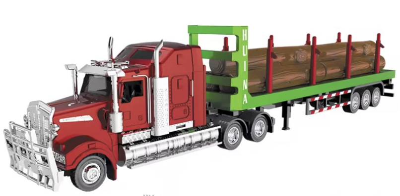 HuiNa 1/50 Diecast Red American Timber Truck with Green Trailer