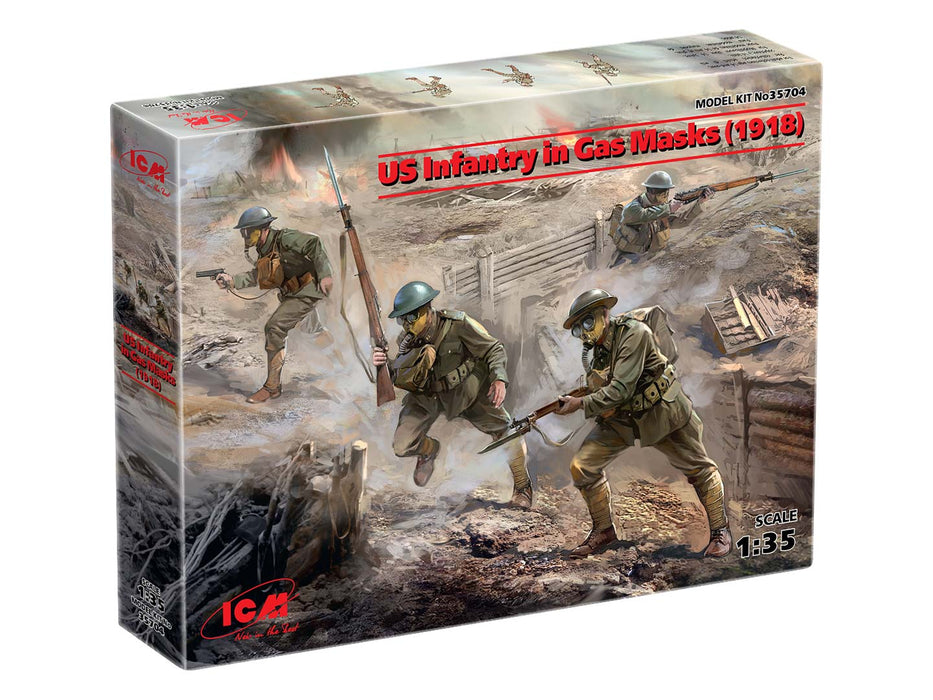 ICM Models 35704 1/35 WWI US Infantry in Gas Masks (1918) Figures Model Kit