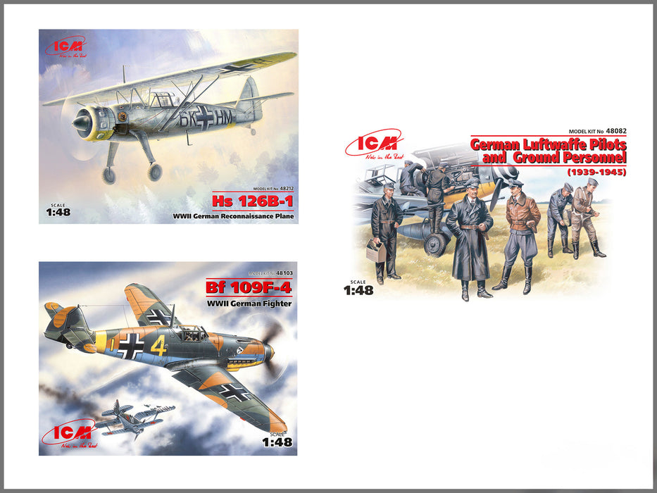 ICM Models DS4801 1/48 WWII Luftwaffe Airfield Set (Bf 109F-4, Hs 126B-1 and Figures) Model Kit
