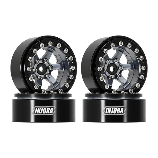 Injora YQW-1313BG Grey/Black 1.3" 6-Slot Aluminum Micro Crawler Beadlock Wheels (23g ea - 4 Pack)