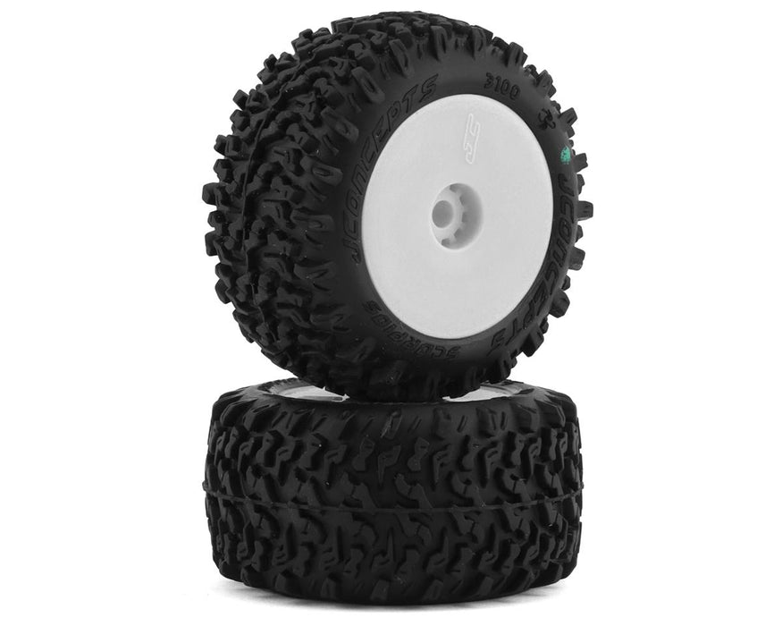 JConcepts 3100-1221 Mini-B/Mini-T Scorpios Pre-Mounted Rear Green Compound Tires on White Wheels (2 Pack)