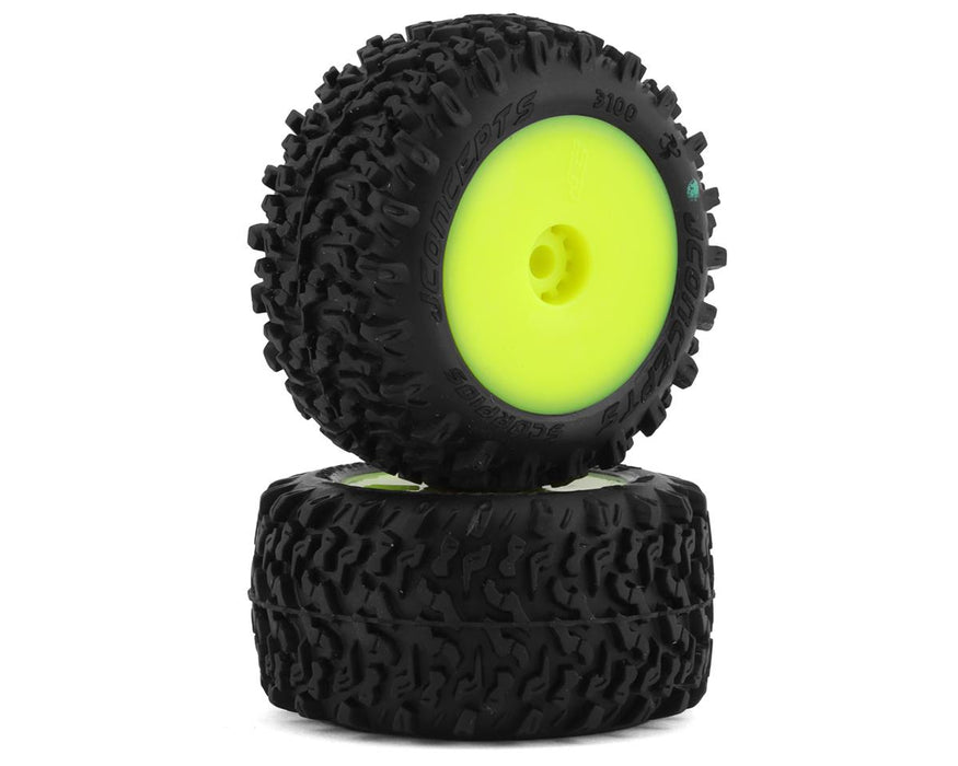 JConcepts 3100-2221 Mini-B/Mini-T Scorpios Pre-Mounted Rear Green Compound Tires on Yellow Wheels (2 Pack)