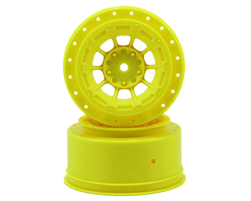 JConcepts 3344Y Yellow 12mm Hex Hazard Short Course Wheels with 3mm Offset fits SC5M (2 Pack)