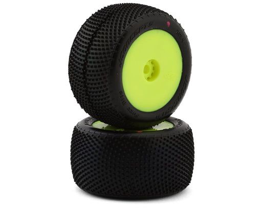 JConcepts 4084-2221 Mini-T Fuzz Bite Pre-Mounted Rear Pink Compound Tires on Yellow Wheels (2 Pack)
