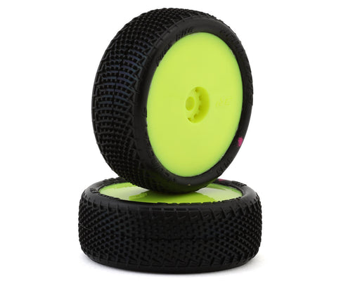 JConcepts 4085-2211 Mini-B Fuzz Bite Pre-Mounted Front Pink Compound Tires on Yellow Wheels (2 Pack)