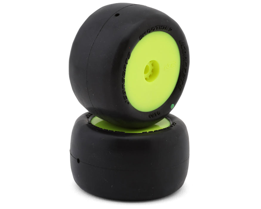JConcepts 4130-2221 Mini-B/Mini-T Smoothie 2 Pre-Mounted Rear Green Compound Tires on Yellow Wheels (2 Pack)