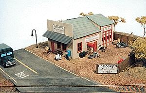 JL Innovative Design 141 HO Scale Labosky's Motorcycle Repair Laser Cut Craftsman Kit