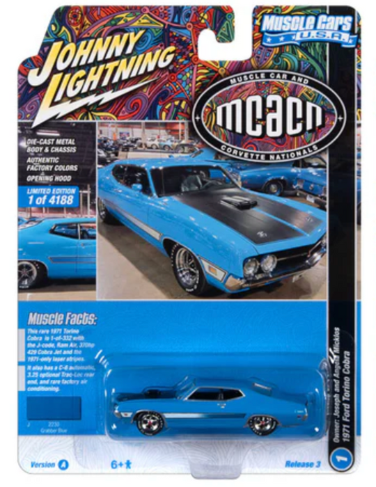 Johnny Lightning JLMC031A Muscle Cars USA Version A 1971 Ford Mustang Torino Cobra - Grabber Blue