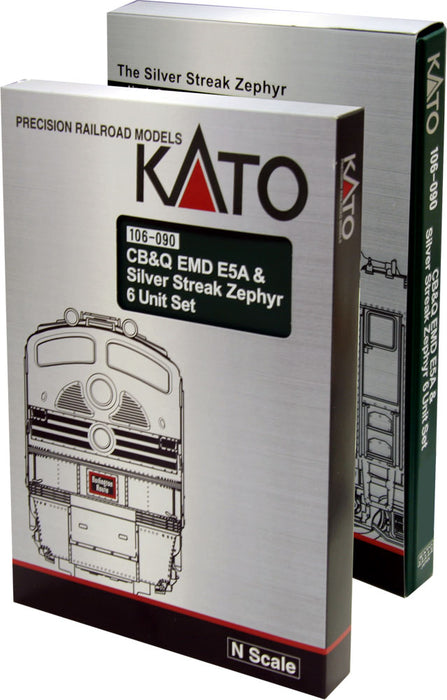 Kato 106-090-1 N Scale CB&Q E5A & Silver Streak Zephyr 6 Car Set with Lights