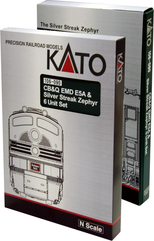 Kato 106-090-1 N Scale CB&Q E5A & Silver Streak Zephyr 6 Car Set with Lights