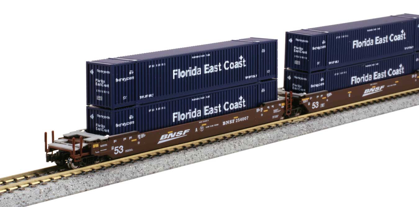 Kato 106-6181 N Scale Maxi-IV Well 3 Car Set BNSF 254007 with FEC Containers