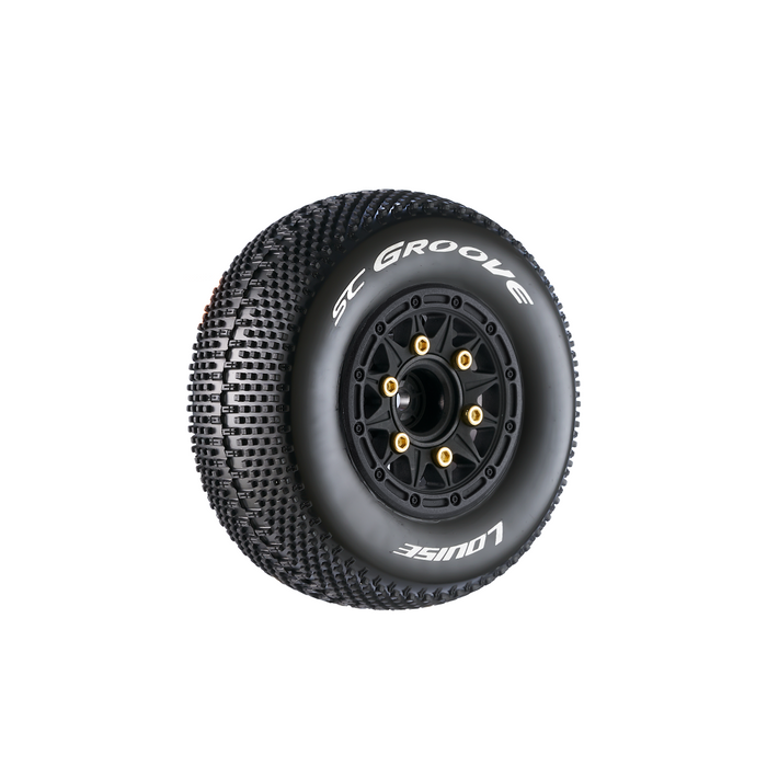 Louise RC L-T3146SB SC-Groove Soft Tires on Black Rim with Removable Hex for 1/10 Short Course (1 Pair)
