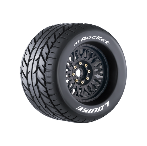 Louise RC L-T3217X MT-Rocket Sport Tires with 0 & 1/2 Offset and 17mm Removable Hex on Black Rim for 1/8 Monster Truck (1 Pair)