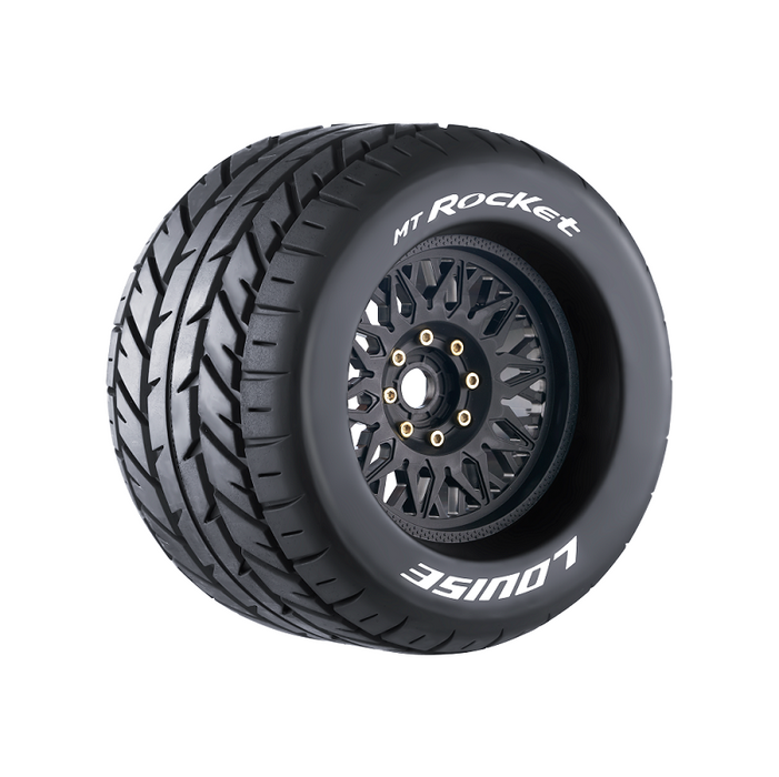 Louise RC L-T3217X MT-Rocket Sport Tires with 0 & 1/2 Offset and 17mm Removable Hex on Black Rim for 1/8 Monster Truck (1 Pair)