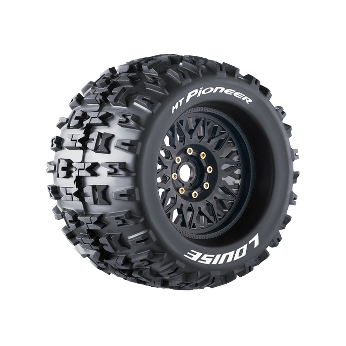 Louise RC L-T3218X MT-Pioneer Sport Tires with 0 & 1/2 Offset and 17mm Removable Hex on Black Rim for 1/8 Monster Truck (1 Pair)