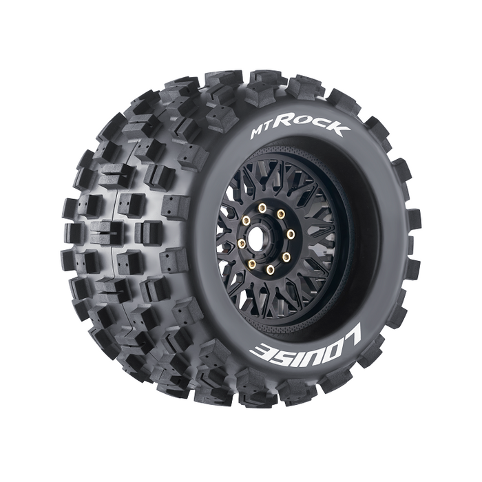 Louise RC L-T3277X MT-Rock Sport Tires with 0 & 1/2 Offset and 17mm Removable Hex on Black Rim for 1/8 Monster Truck (1 Pair)
