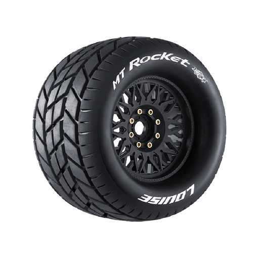 Louise RC L-T3320X MFT MT-Rocket Sport Tires with 0 & 1/2 Offset and 17mm Hex mounted on Black Rims for 1/8 Monster Truck (1 Pair)