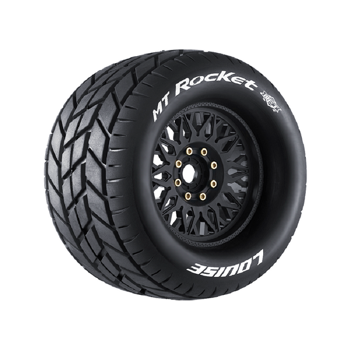 Louise RC L-T3320X MFT MT-Rocket Sport Tires with 0 & 1/2 Offset and 17mm Hex mounted on Black Rims for 1/8 Monster Truck (1 Pair)