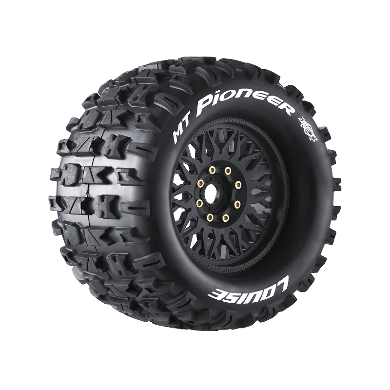 Louise RC L-T3321X MFT MT-Pioneer Sport Tires with 0 & 1/2 Offset and 17mm Hex mounted on Black Rims for 1/8 Monster Truck (1 Pair)