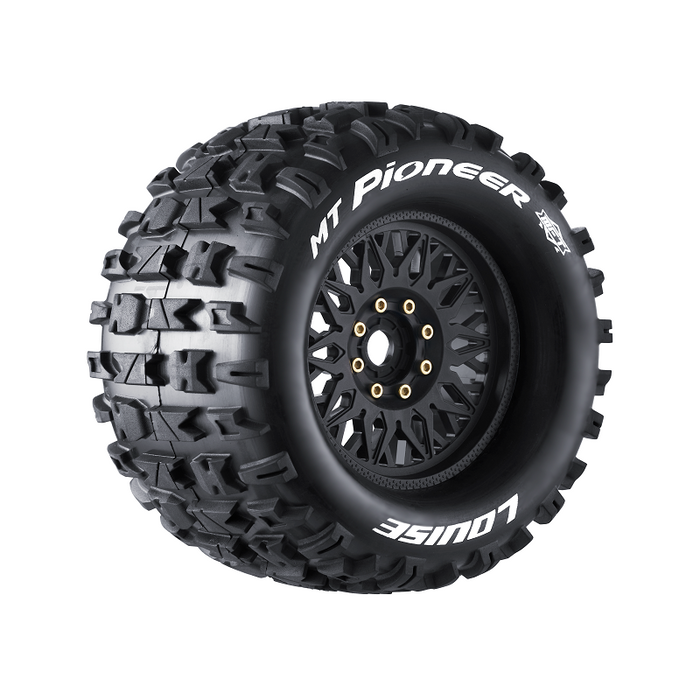 Louise RC L-T3321X MFT MT-Pioneer Sport Tires with 0 & 1/2 Offset and 17mm Hex mounted on Black Rims for 1/8 Monster Truck (1 Pair)
