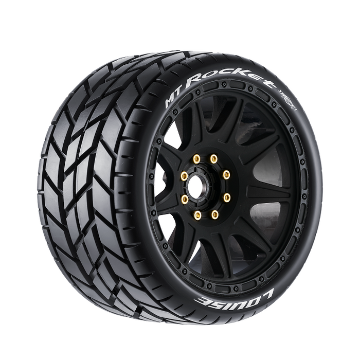 Louise RC L-T3353SB MT-Rocket Speed Tires with 0 & 1/2 Offset and 17mm Hex Mounted on Black Rims for 1/8 Monster Truck (1 Pair)